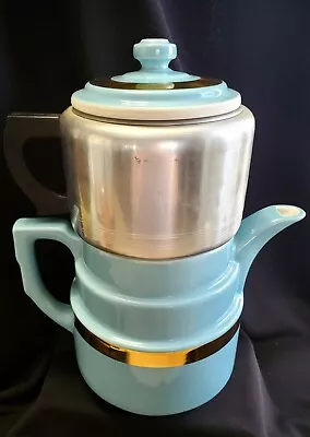 Vintage Hall Coffee Tea Pot Blue Daisy Gold Percolator USA Superior Quality MCM • $28