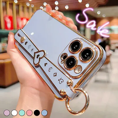$5.99 • Buy For IPhone 14 13 12 11 Pro Max X XR 87 Plating Love Heart Stand Case Wrist Strap