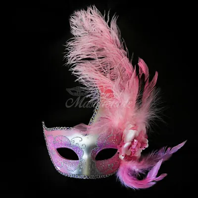 Ostrich Feather Venetian Masquerade Mask For Women M6131 Silver/Light Pink • $11.95