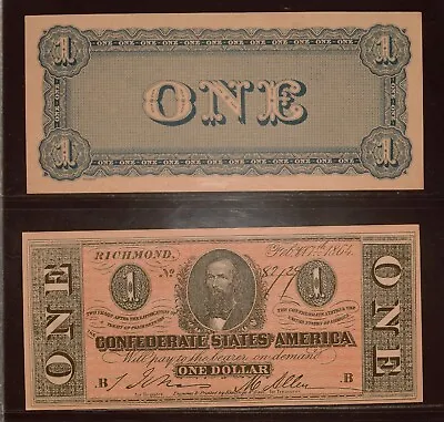 Confederate State Of American $1 Dollar Bill Paper Money (1960's REPRODUCTIONS) • $1.99