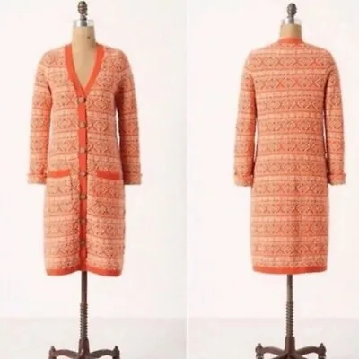  Anthropologie MOTH Orange Cotton Wool Button Front Long Sweater Coat Medium • $42.99
