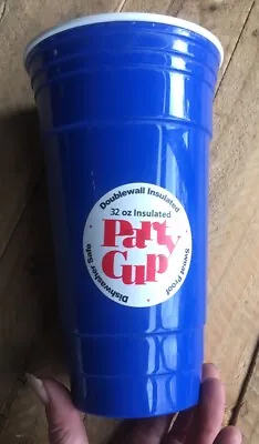 PARTY CUP Large Blue Plastic Double Wall Insulated 32 Oz Washed Never Used Tall • $7.65