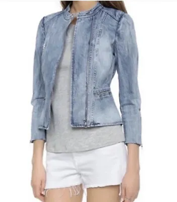 REBECCA TAYLOR Jean Denim Jacket Peplum Motorcycle Sz 4 • £57.83