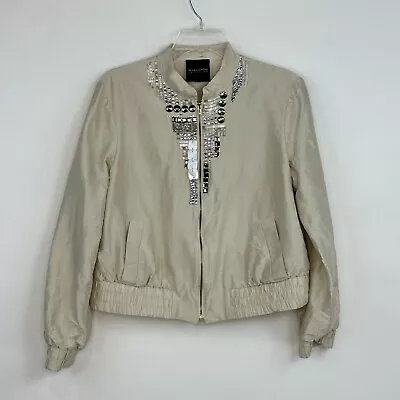 Magaschoni Collection Bomber Zip Up Silk  Tan Jacket Sz S Taffeta  Embellished • $24.50