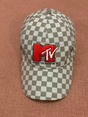 MTV Music Television Aqua & Gray Checkered Strapback Cotton Hat 80's Theme Cap • $8.79