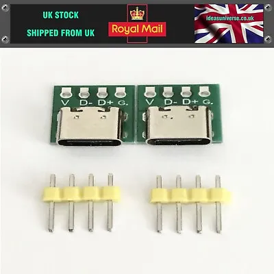 £2.99 • Buy 2 X Female USB-C Type-C PCB Breakout Boards With Header Pins