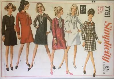 VTG 60s 70s Simplicity Sewing Pattern A-line Dress  Size 12 Bust 34 Mod Go Go • £5.95