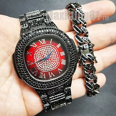 Men's Hip Hop Lab Diamond Black Metal Bling Watch & Iced Cuban Bracelet Gift Set • $26.99