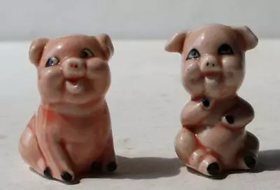 Pig Figurines Miniature Set Of 2 Bone China Laughing Pink Pigs Hand Painted MIC • $7.99