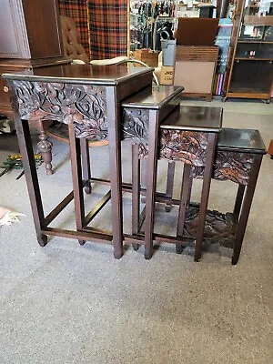 Antique Chinese Hardwood Nest Of Tables Heavily Carved Floral Leafs • $475