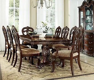 Royal Majestic Cherry Finish 9pc Formal Dining Table Set W Leaf Gold Tipping • $2975