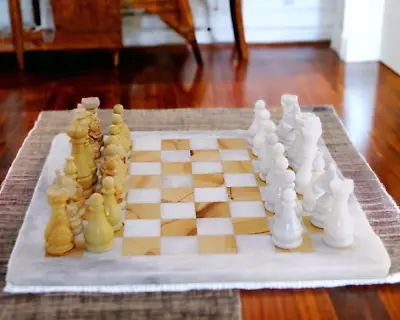 Marble Chess Set | White & Teakwood Marble • $197.95