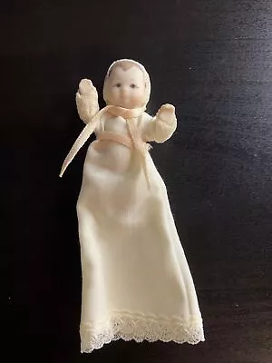 Vintage Dollhouse Miniature Bisque Jointed Baby Christening Gown & Bonnet 1:12 • $34