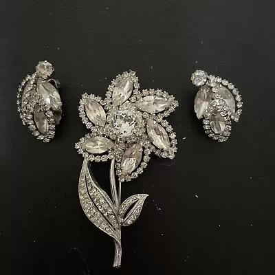 Vintage Clear Floral Design Rhinestone Brooch And Clip On Earrings Unmarked • $18