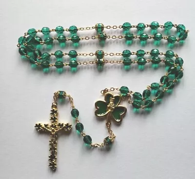 Vtg New Rosary Beads Green Glass St Patrick Grn Enamal Shamrock Medal Crucifix  • $22