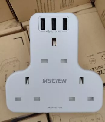 MSCIEN 3 Way UK 3 Pin Extension Plug Adaptor Wall Socket  3 USB Ports Free P&P • £11.88