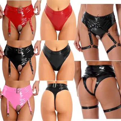 UK Womens Patent Leather Thongs Lingerie Latex Open Crotch Thong Lingerie Briefs • £13.70