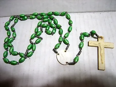 Vintage Rosary Long 22” White Green Beads Plastic Mary And Jesus • $8
