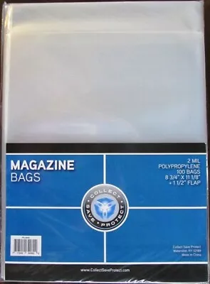 CSP  MAGAZINE BAGS PROTECTOR 100 COUNT NIP 8 3/4  X 11 1/8  + 1 1/2  FLAP • $6