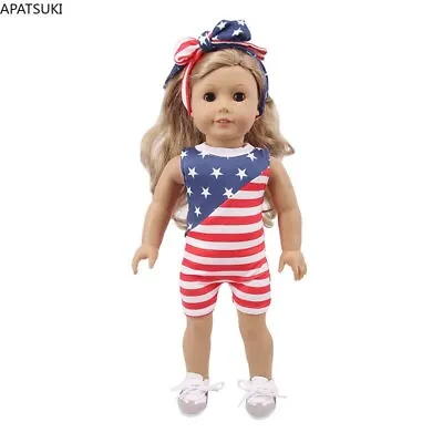 Red Blue Flag Clothes For 18in American Doll Jumpsuit Headband For 43cm Dolls • $10.37