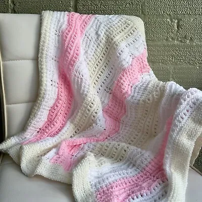 Hand Knitted Baby Blanket Acrylic Yarn Speckled Pastel Yellow Pink White Stripe • £15