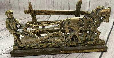 £9.99 • Buy Large 8” Vintage Brass Desktop Horse & Plough Letter Rack With Wooden Base