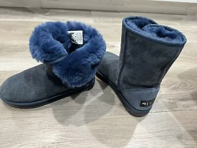 UGG Women's 6 Australia Bailey Button Blue Suede Leather Shearling Boots • $22