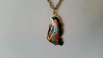 Vintage Enameled Butterfly Shaped Pendant Necklace 24 Inch Chain Gold Tone • $10.35