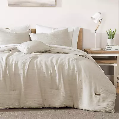 Queen Comforter Set 8 Pieces Beige Microfiber Seersucker Queen Size Comforter S • $116.59