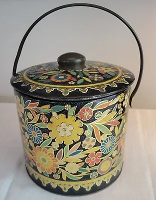 Vtg England Daher Bright Colorul Floral Metal Tin Container W/lid & Handle • $18