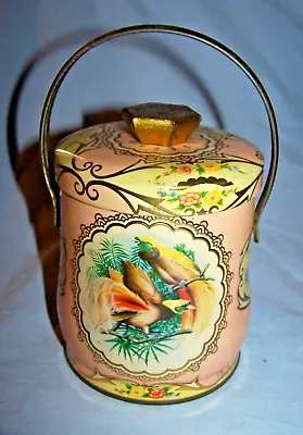 Vintage Empty Murray Allen Confections Pink Lidded Handled Round Tin W/Birds • $12.50