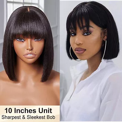 10  Short Yaki Wig Straight Bob Wigs Lace 100% Remy Human Hair Wigs Black Women • $51.80