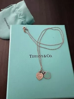 Tiffany & Co Silver & Blue Enamel Double Heart Pendant Necklace W Dustbag & Box • $249