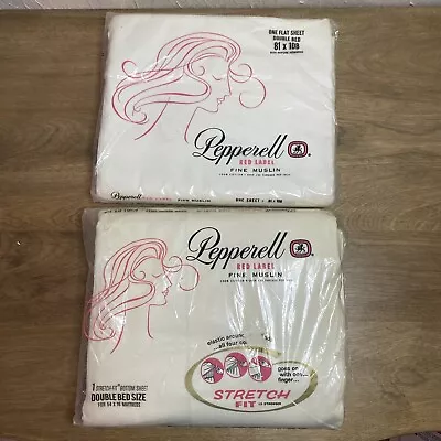 Vintage Pepperell Red Label Fine Muslin DOUBLE/FULL Flat & Fitted Sheet Set NOS • $24.99