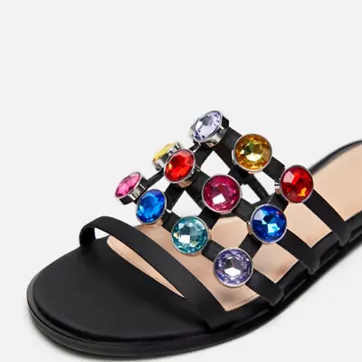 NEW - ZARA  BLACK & MULTICOLOR JEWELED SLIDES FLATS SANDALS  BRAND NEW - Sz 5 • $27.90