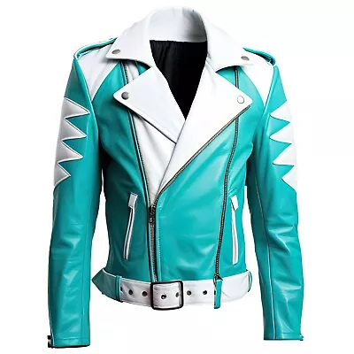 Turquoise Blue & White Sheepskin Moto Rider Biker Jacket For Men • $169.99