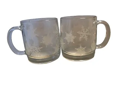 2 Barnies Coffee & Tea Company Coffee Mugs Cups Clear Glass Snowflakes Christmas • $16.99