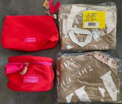 Two Clarins FEED 7 Canvas Light Brown Tote Bags Plus Two Red Makeup Pouches New • $19.99