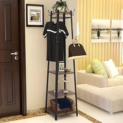 8 Hook Freestanding Coat Rack With Storage Shelves Hall Trees For Scarves Bags  • $84.59