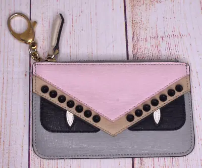 Fendi Mini Wallet Studded Black Gray Pink Monster Keychain Card Case Coin Purse • $127.49