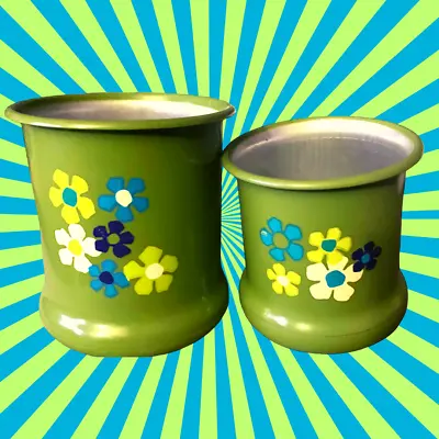 Partial Set Of Vintage Metal Kitchen Canisters Green W Daisies 1960s Mod • $40