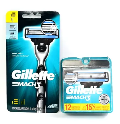 GILLETTE Mach3 Men's Razor Handle + 3Blades With 12 Blade Pack= 15 Blade Refills • $25.75