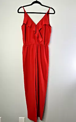 H & M Conscious Jumpsuit Red Sz 6 Ruffle V-Neck Satiny • $22.88