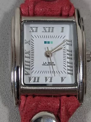 La Mer Collections White Dial Silver Tone Rectangle Case Red Wrap Band Watch • $20.99
