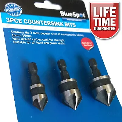 Countersink Bits 3pce Set Countersink Drill Bits Countersinking Wood 12 16 19mm • £5.39