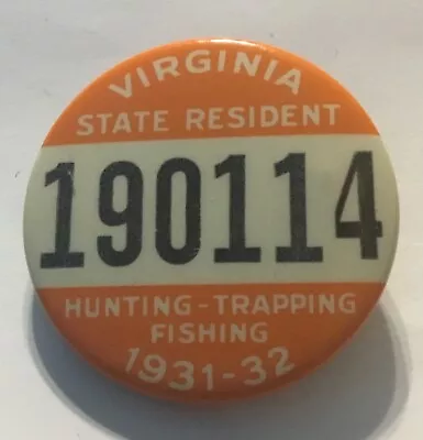 Virginia State Resident Hunting Fishing Trapping License Badge Pin - 1931 • $87