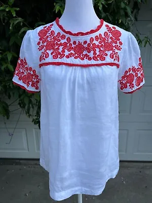 Boden Fiona Top Womens US 2 White Stripe Red Embroidered Linen Blend • $35
