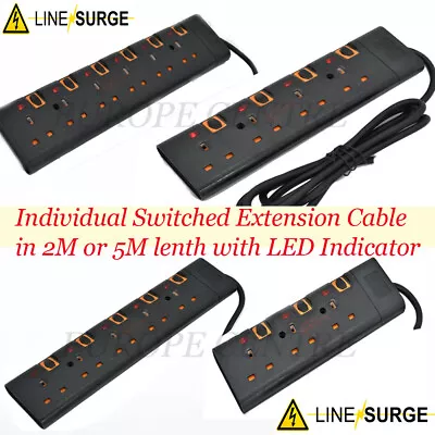 Surge Protected Switched Extension Lead Cable 5m Meter Metre 3 4 5 6 Way - Black • £15.95