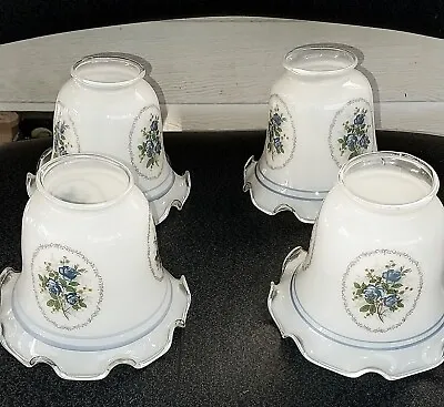 Vintage Ceiling Fan Light Globes Milk Glass W Blue Roses Set Of 4 Ruffled • $39.99