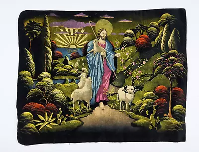 VTG Painted Jesus As Shepherd Sheep Wall Black Tapestry Fabric Made In Germany • $34.99